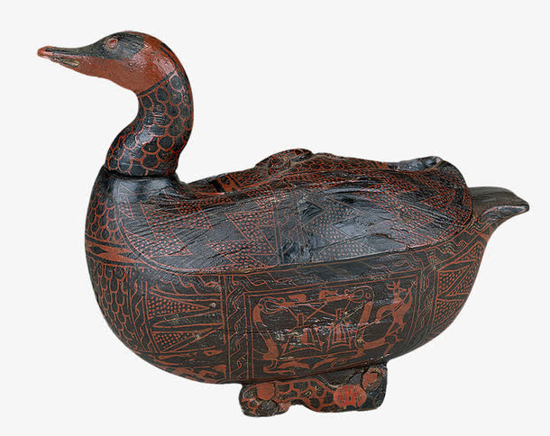 彩绘乐舞图鸳鸯形盒